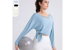 Custom Logo Modal Loose Slit Hem O Neck Long Sleeve Shirts Breathable Solid Color Yoga Fitness Pilates Activewear Top for Women