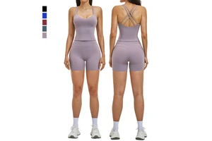 Women Yoga Wear Cross Back Sports Tank Top Solid Quick Dry Elastic High Waist Running Shorts Casual Outdoor Workout Fitness