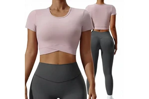 Fashion Design Women's Crew Neck Short Sleeve Regular Fit Quick Dry Recyclable Spandex/Nylon Solid Color Yoga Shirt Front Summer