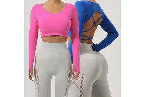 YIYI Women Workout High Elastic Yoga Tops Beauty Back Gym Cross Back Clothing Seamless V-Neck With Long Sleeve Sports T Shirt