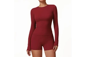 Women's Custom Plaid Gym Shirt with Long Sleeves Thumb Holes Breathable Spandex/Nylon Yoga Wear in Newest Colors for Workouts