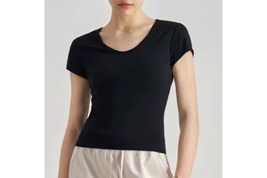 Women's High Quality Naked Feeling Dark V Neck Crop T Shirt Outfit Gym Yoga Sports Work Out Fitness Short Sleeves T-Shirts