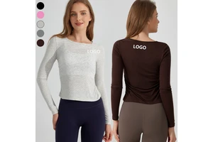 XW-YC348 Long Sleeve Gym Sportswear Pleated Side Workout Corset Plus Size Fitness Quick Dry Yoga Sports Crop Tops for Women