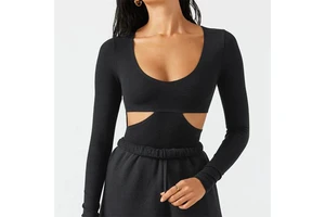 Custom Design Slim Fit Tops Women's Cut Out Long Sleeve Crop Workout Shirts for Gym Yoga Running