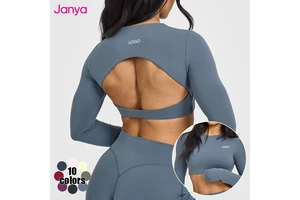 Janya High Quality Breathable Long Sleeve Hollow Out Back Short Fitness Tops Removable Pads Backless Yoga Crop Top for Women