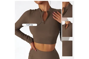 High Quality Custom Logo Front Zip up Crop Top High Neck Yoga Shirts Breathable Tight Long Sleeve Training Fitness Yoga T-shirts