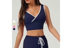 Cool Sun-Protective Sports Bra for Ladies Beautiful Back Yoga Wear with Crossed V-Neck Contrasting Colors