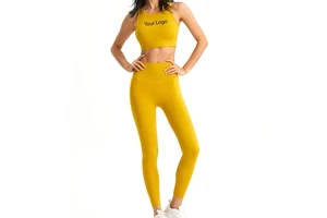 Yellow 2 Piece Yoga Set Women Seamless High Waist Leggings Crop Top Racerback Solid Color Workout Gym Fitness Outfit