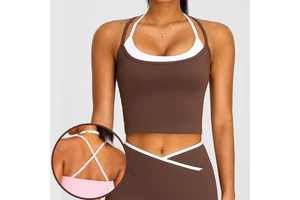 YIYI Women 2 In1 Halter Adjustable Yoga Top with Build in Bra Removable Chest Pad Contrasting Colors Cross Back Yoga Vest Sports