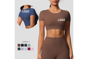 Double-sided Brushed Tight Short-sleeved Yoga Suit with Chest Pad, Pilates Running Sports T-shirt Top Sports Crop Top