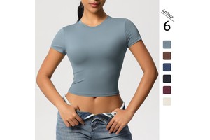 Women's Cross-border Double-sided Nylon Casual Tight-fitting Quick-dry Pilates Top Yoga Shirt Short-sleeve Running Fitness
