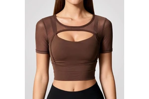 Sexy Mesh Sports Fitness Workout Running Clothing Cutout Workout Top Womens Activewear Short Sleeve Padded Crop Top