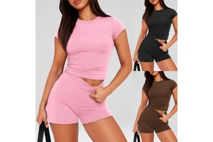 Ladies Short Sleeve Top Shorts Yoga Set 2 Piece Active Wear Stretchy Comfortable Fitness Gym Workout Suits