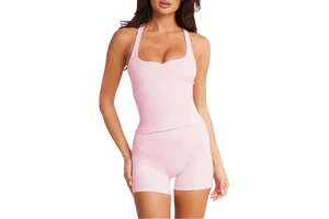 Women's High-End Summer Fitness Vest Yoga Shorts Set 2-Piece Quick Dry Backless Integrated Chest Cushion Solid Pattern Elastic