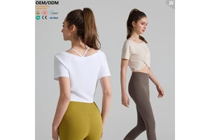 XW-YD457 Women's Sporty Tee Neck Short Sleeve Twisted Hem Quick-Drying Moisture-Wicking Breathable Gym Running Yoga Crop Top