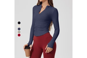 Women's Rib Nude Tight Quick Drying Long-Sleeve Yoga Top High Elastic Slimming Half-Zipper Training Shirt for Outdoor Sports
