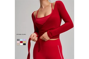 Long Sleeve Crossover Bandage Workout Top Fitness Quick Dry Running Dancing Tee Yoga Pilates Shirt for Women