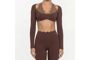 Ladies Halter Yoga Suit Contrast Color Long Sleeves Crop Top High Waist Pants Scallop Workout Active Wear Set
