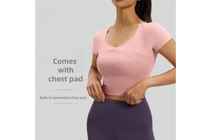Stitching Yoga Clothing with Chest Pad Quick Dry Short Sleeve Naked Slim Sports Fitness Top Women