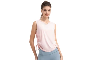 Women's 30D Summer Yoga Top Thin Breathable Elastic Drawstring Loose Cover-Up Fitness Workout Sportswear with Nude Print