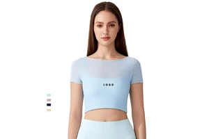 Women's Sports Wear Mesh Running Workout Yoga Top Quick Dry Breathable Clothing Fixed Padded Gym Fitness Short Sleeve T Shirt