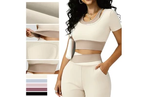 Breathable Lightweight Crew Neck Skinny Fit Heat-Transfer Printed Yoga Short Sleeve Top Four-Way Stretch Color Blocking 220g