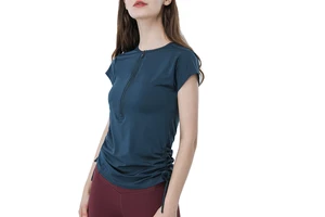New Arrival Women's Half-Zip Spandex/Polyester Skinny Fit Short Sleeve Tops Breathable Soft Luxury Corset T-shirts Side Yoga Top