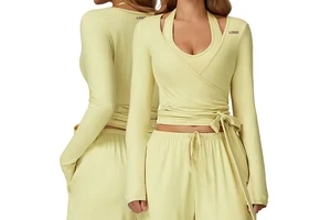 Long Sleeve Deep V-neck Yoga Top One-piece Wrap Breathable Lightweight Skinny Fit Training Running Sports for Women