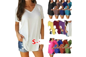 Women's Customizable V-Neck T-Shirt Spandex/Cotton Woven Fabric Quick Dry Plus Size Loose Fit Short-Sleeved Casual Top for