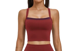 Custom Style Seamless Yoga Tank Top Faux Two-Piece Color-Block Cross-Back Sports Bra Gym Yoga Running Fitness Top for Women