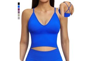Women Yoga Tank Top Deep V Neck Cross Back Workout Seamless Ribbed Sleeveless Breathable Quick Dry Elastic Gym Fitness Vest