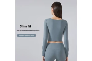 New Breathable Spandex Yoga Sports Top with Chest Pads Long Sleeves Simple Design for Women Low Waist Short Sexy Fitness
