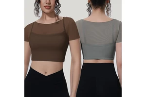 JY 2026 Crew Neck Slim Fit Solid Color Short Sleeve Top Quick-Drying Breathable High Stretch Mesh Overlay Yoga Gym Top for Women