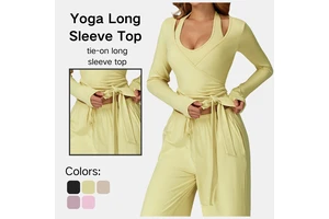 Womens Yoga Wrap Tie on Long Sleeve Top Cropped Cardigan Overlay Fitness Workout Jacket Activewear Cross Neck Hollow
