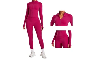 Women's Plus Size Slim-Fit Breathable Lightweight Yoga Top Four-Way Stretch Solid Color Long Sleeve Zipper Front Logo Thumb