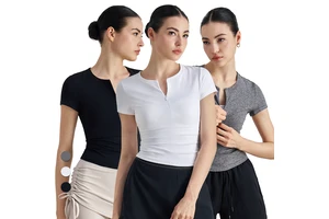ADTX52015 Women Breathable Quick Dry V-neck Top Tight Half-zipper Slim Fitness Short Sleeve Top