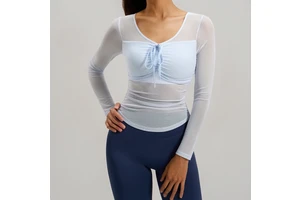 Breathable Mesh Yoga Wear Long-Sleeved Women's Loose Fit Fixed Cup Outerwear Sports Fitness Top with Front Logo