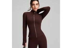 New Women's Slim Fit Solid Breathable Plus Size Yoga Top Front Logo Long Sleeve Finger Sleeves Stand Collar High-End Yoga Wear