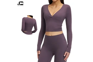 Women's Spring/Summer Yoga Pilates Long Sleeve Casual Spandex Blend Breathable Quick Dry Four-Way Stretch V-Neck Fitness Top