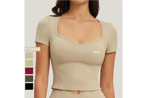Custom Soft Yoga Tops for Women V Neck Collar Cropped Yoga Short Sleeved Top Women Gym Workout Tight Sports Top Red Green Brown