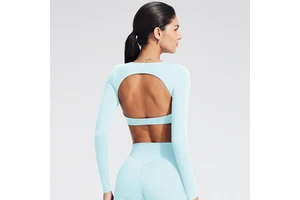 Women Open Back Sports Crop Top Long Sleeve Breathable Tight Fitting Yoga Fitness Workout Training Top