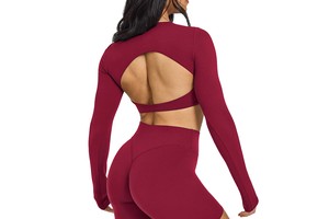 Women's Lightweight Breathable Backless Crop Top with Built-In Bra Long Sleeve Yoga Shirt for Gym Fitness & Casual Wear