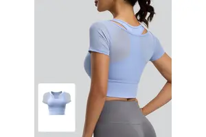 Women Mesh 2 In 1 Short Sleeve Yoga Crop Top with Built In Bra Pads Breathable Gym Workout Top Running Sports Pilates Shirt