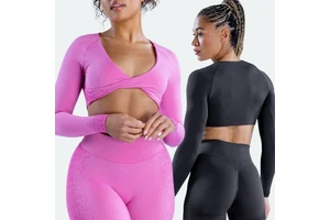 Yimo Fashion Long Sleeve Yoga Top Lady Deep V Neck Gym Short Top Female Solid Color Cross Fitness Bra