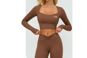 Wholesale Brushed Double Layer Breathable Four-Way Stretch Yoga Tops V Neck Quick Dry Training Gym Fitness Top Long Sleeve