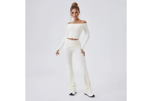 Yoke Off-the-Shoulder Solid Long-Sleeve Sports Bra High-Waisted Breathable Quick-Dry Yoga Set Front Logo Running Fitness