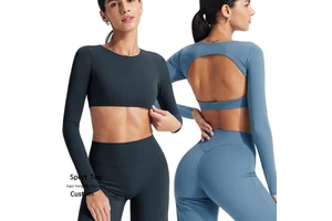 Long Sleeve Yoga Shirt Women's Lightweight Breathable Backless Crop Top with Built-In Bra Quick Dry Gym Fitness Wear Crop Tshirt