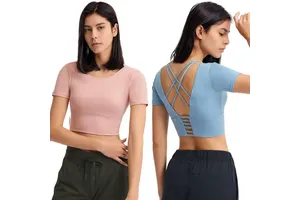 High Quality Solid Color Nude Women Tank Top Sexy Back Crossover Short Sleeves Quick Drying Naked Gym Sports Fitness Yoga Top