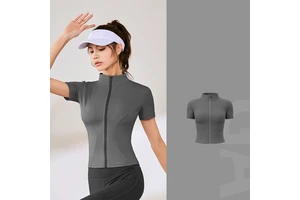Slim Zipper Yoga Short Sleeve Top Casual Standing Collar Fitness Jacket Quick Dry Breathable Outdoor Yoga Clothing