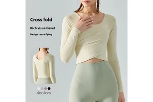 QUFENG Women's Slim Fit Cross Pleated Long Sleeve Sports Fitness Wear Autumn Quick Dry Breathable Quick Dry Breathable
